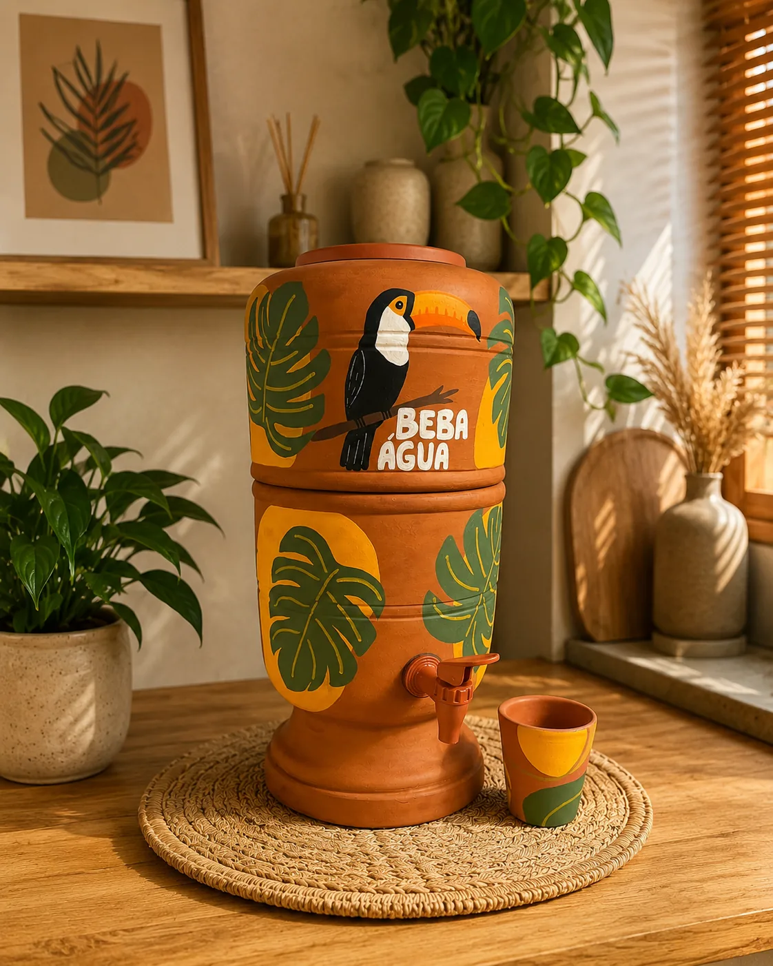 Filtro de barro pintado à mão com tucano e folhas, em cozinha decorada